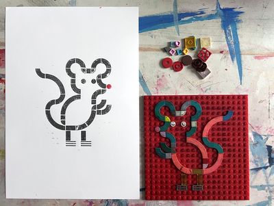 Legodruck_ Druckplatte und Druck, Motiv Maus